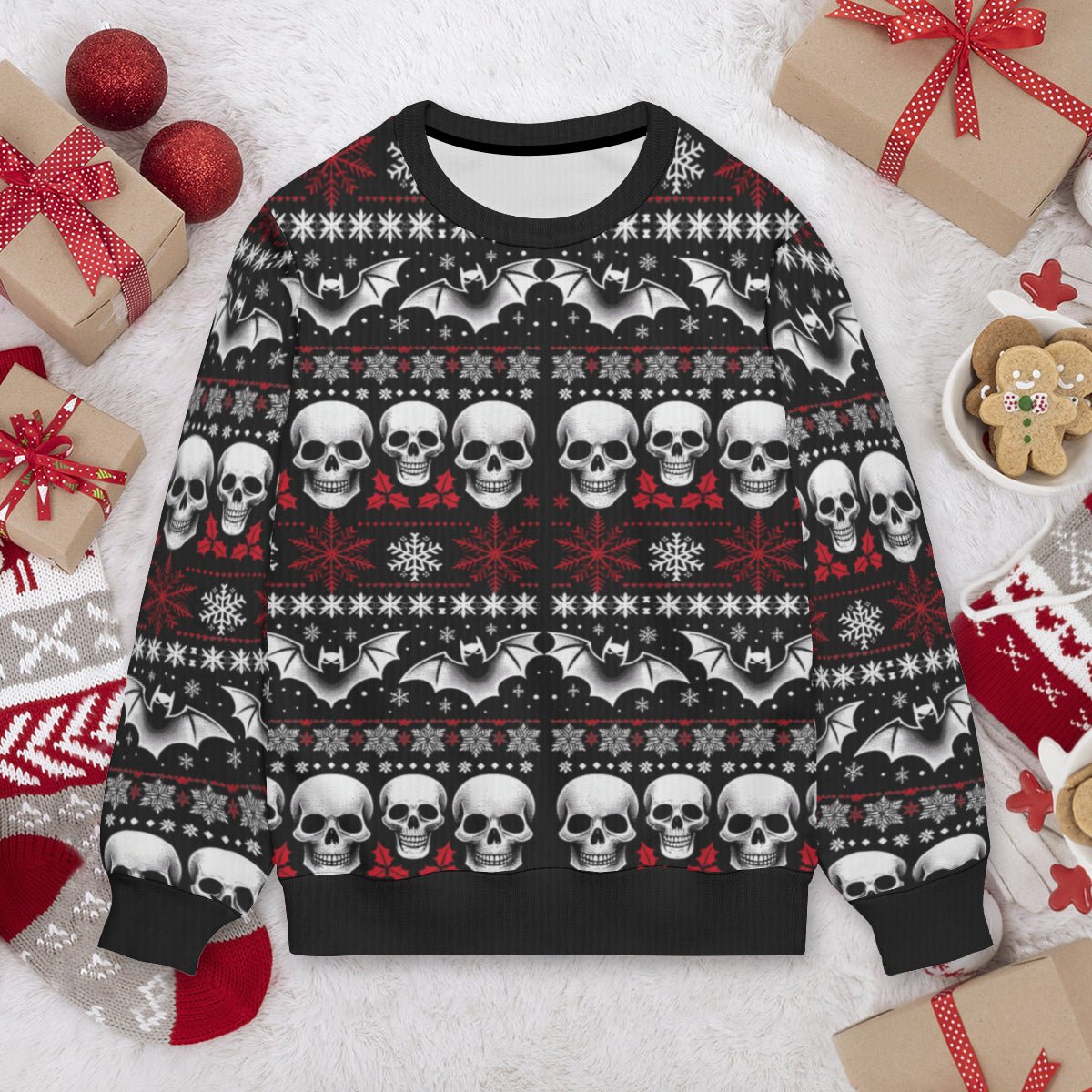 Skulls Bats and Snowflakes Pullover SweaterSweatshirtVTZdesignsWhiteSAOP Clothingchristmasclothing