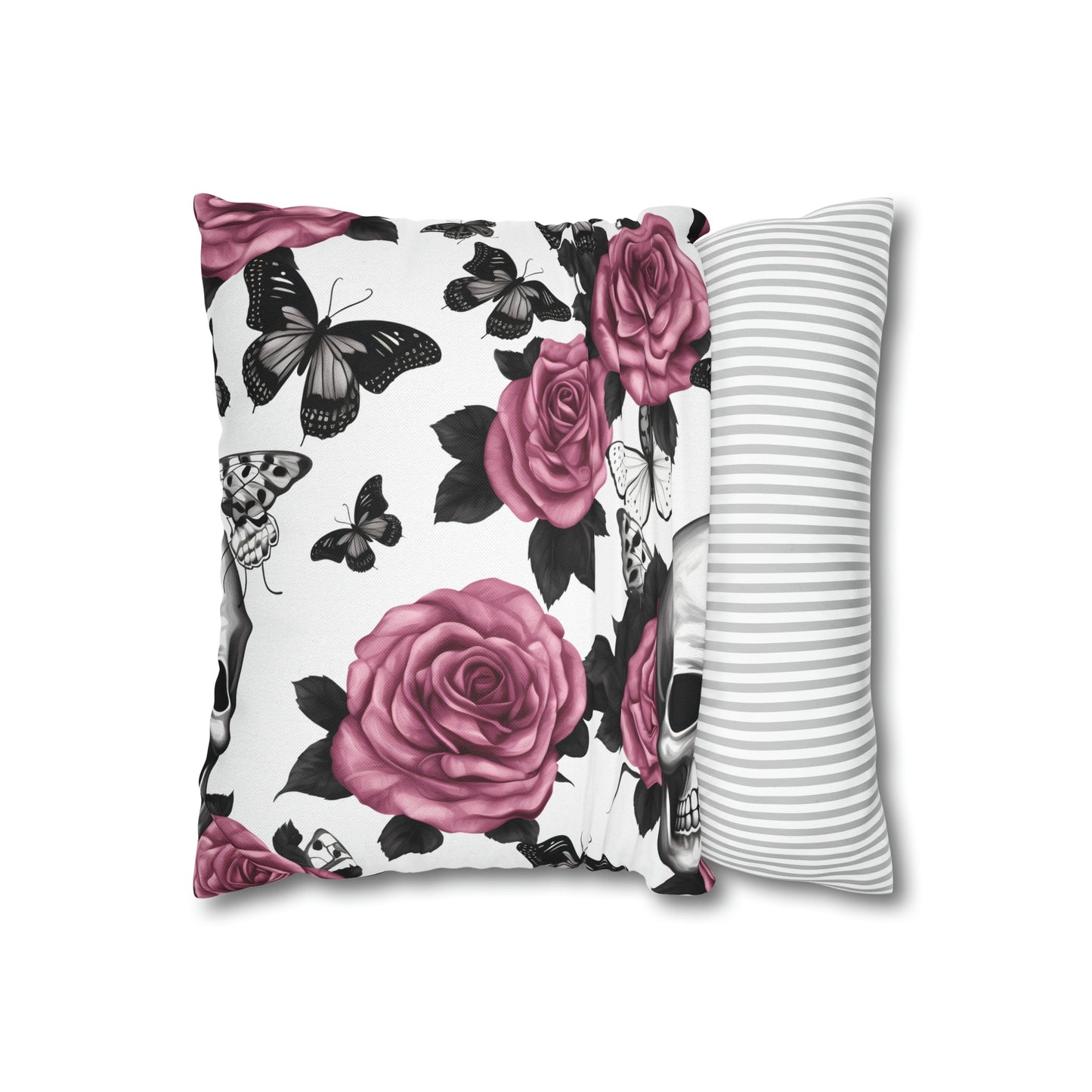 Skulls Pink Roses and Black Butterflies Square Pillow CaseHome DecorVTZdesigns18" × 18"All Over PrintAOPBed