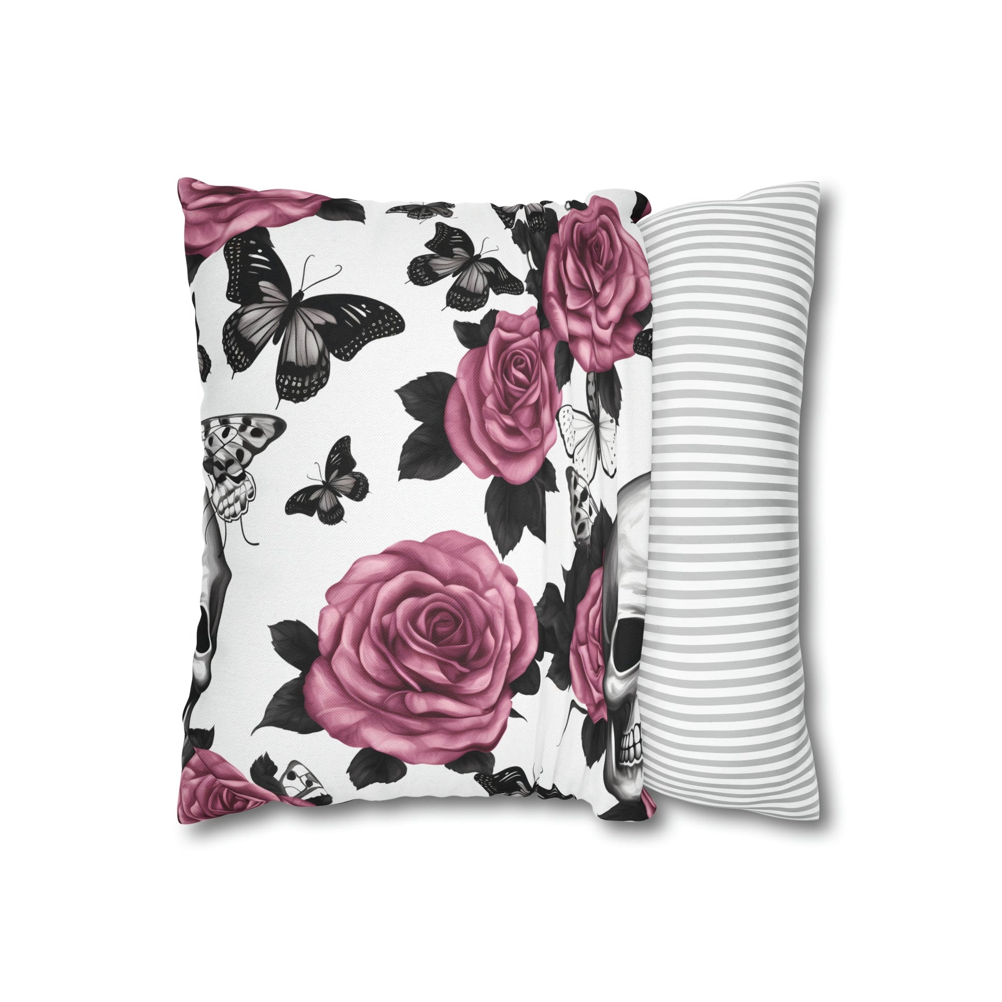 Skulls Pink Roses and Black Butterflies Square Pillow CaseHome DecorVTZdesigns18" × 18"All Over PrintAOPBed