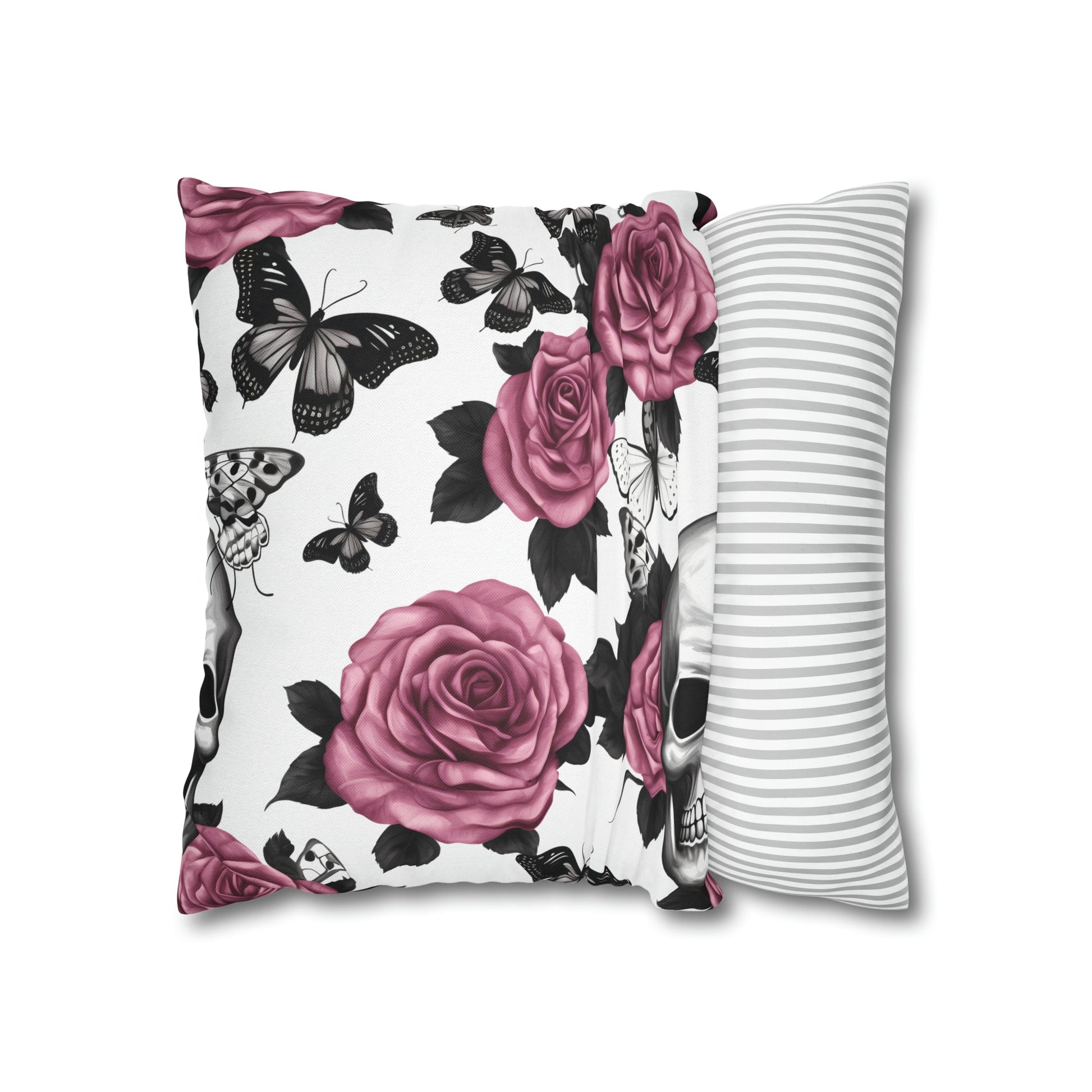 Skulls Pink Roses and Black Butterflies Square Pillow CaseHome DecorVTZdesigns18" × 18"All Over PrintAOPBed