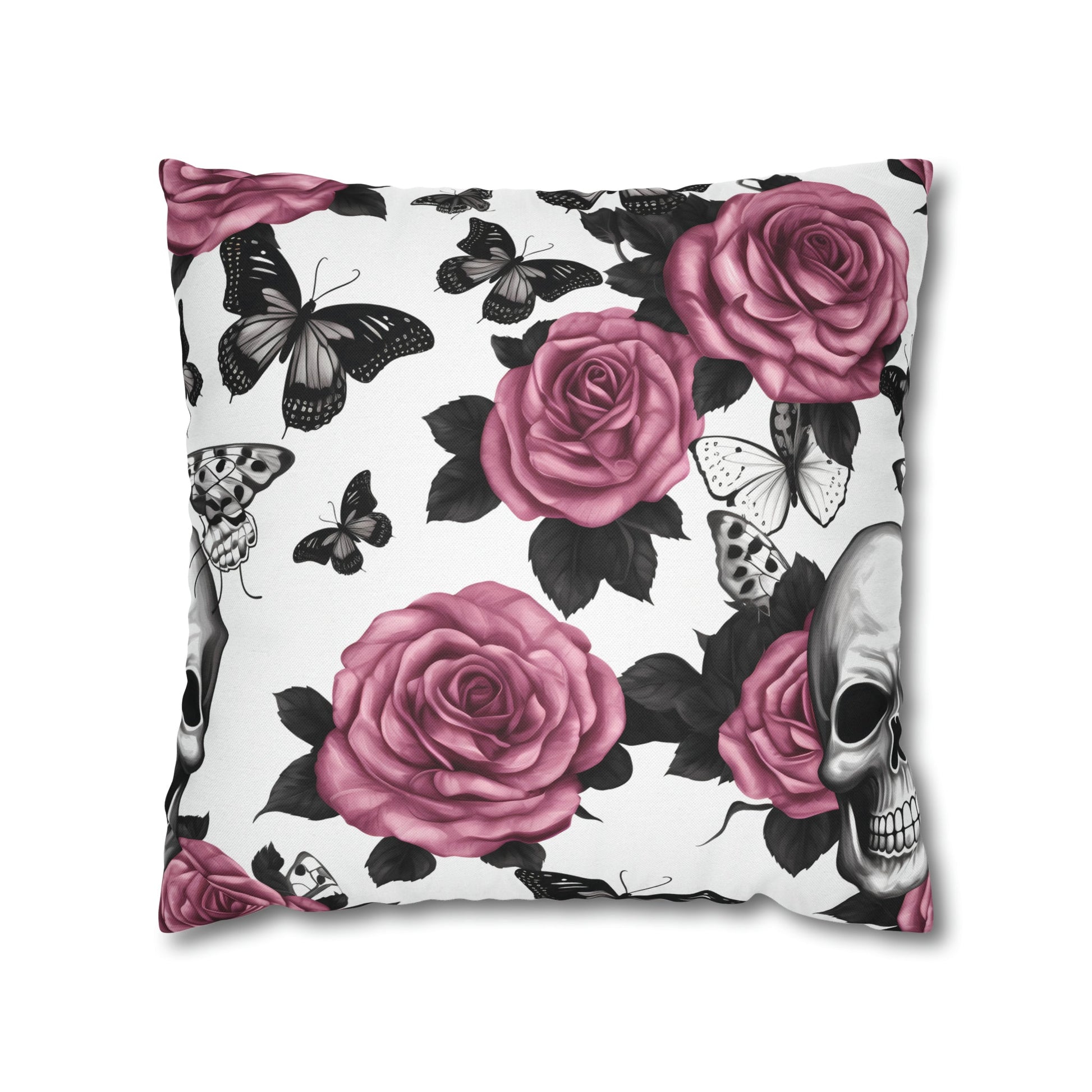 Skulls Pink Roses and Black Butterflies Square Pillow CaseHome DecorVTZdesigns18" × 18"All Over PrintAOPBed