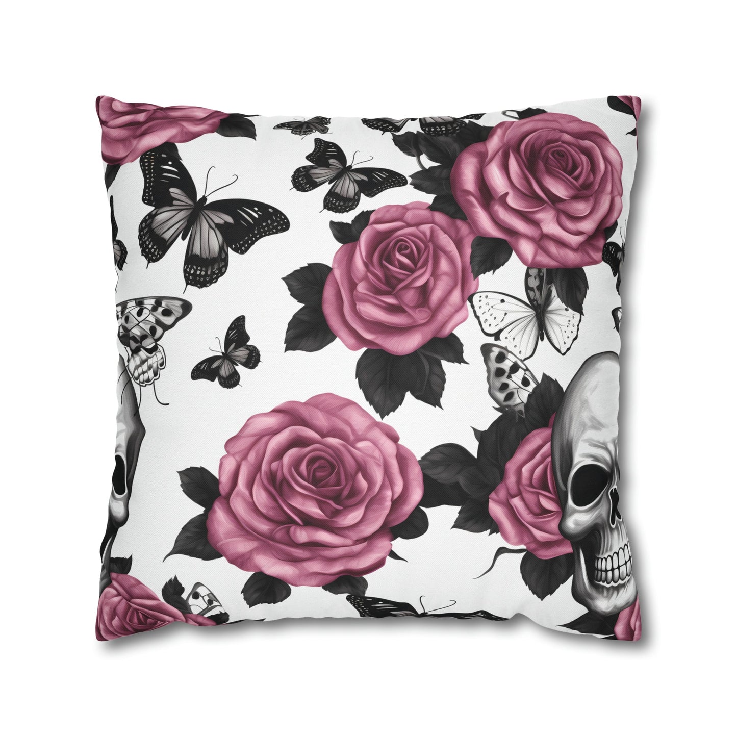 Skulls Pink Roses and Black Butterflies Square Pillow CaseHome DecorVTZdesigns20" × 20"All Over PrintAOPBed