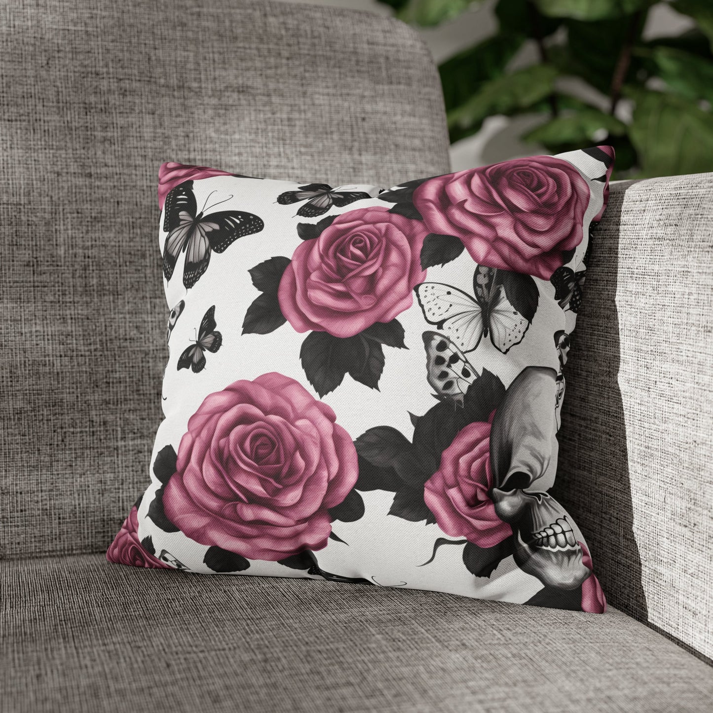 Skulls Pink Roses and Black Butterflies Square Pillow CaseHome DecorVTZdesigns18" × 18"All Over PrintAOPBed