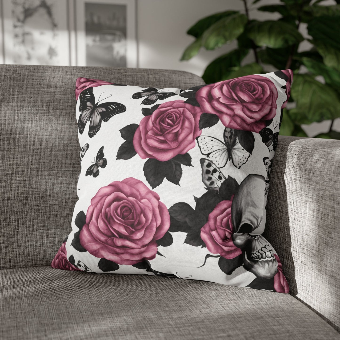 Skulls Pink Roses and Black Butterflies Square Pillow CaseHome DecorVTZdesigns18" × 18"All Over PrintAOPBed