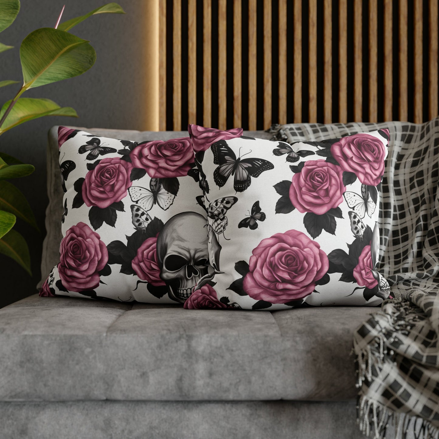 Skulls Pink Roses and Black Butterflies Square Pillow CaseHome DecorVTZdesigns18" × 18"All Over PrintAOPBed