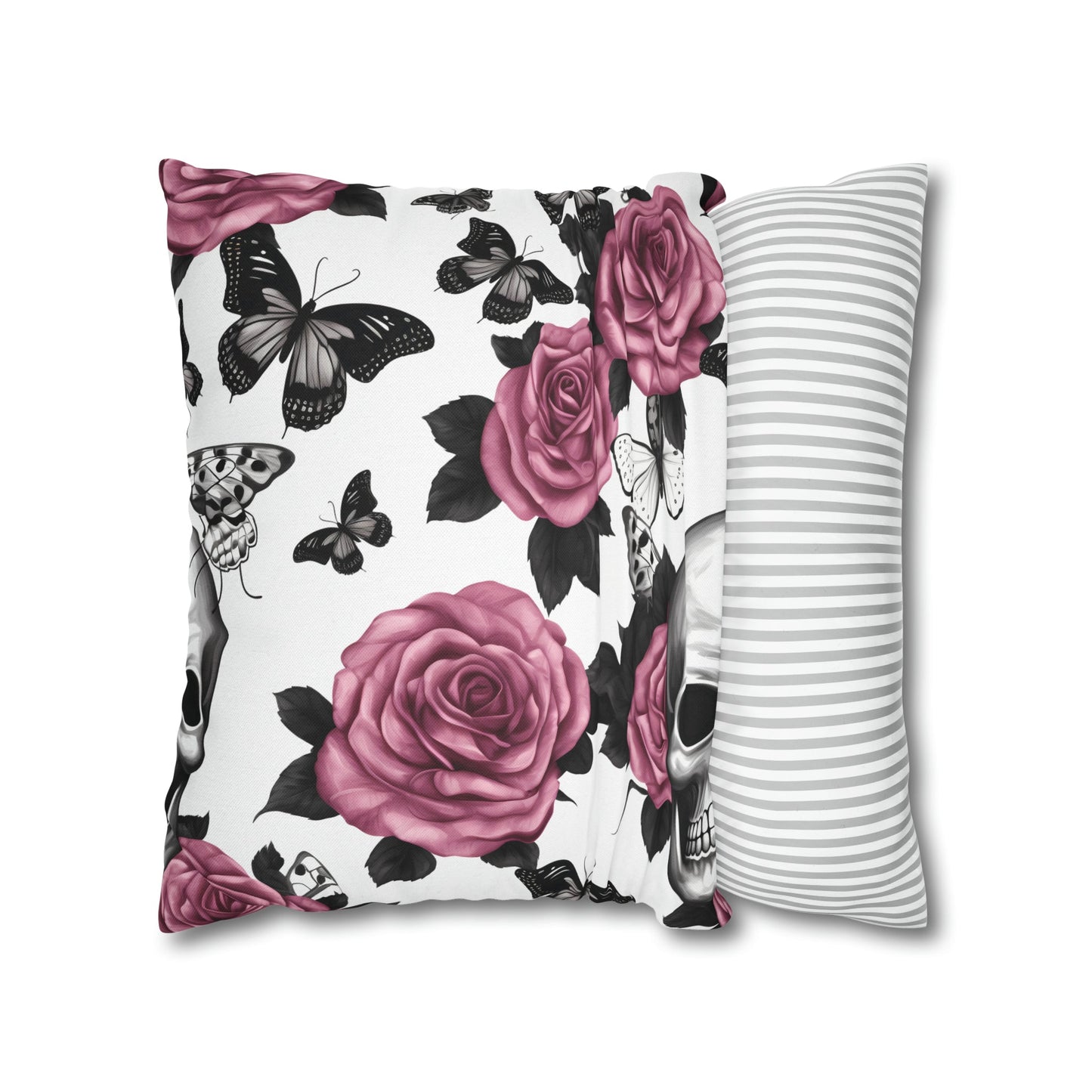 Skulls Pink Roses and Black Butterflies Square Pillow CaseHome DecorVTZdesigns18" × 18"All Over PrintAOPBed