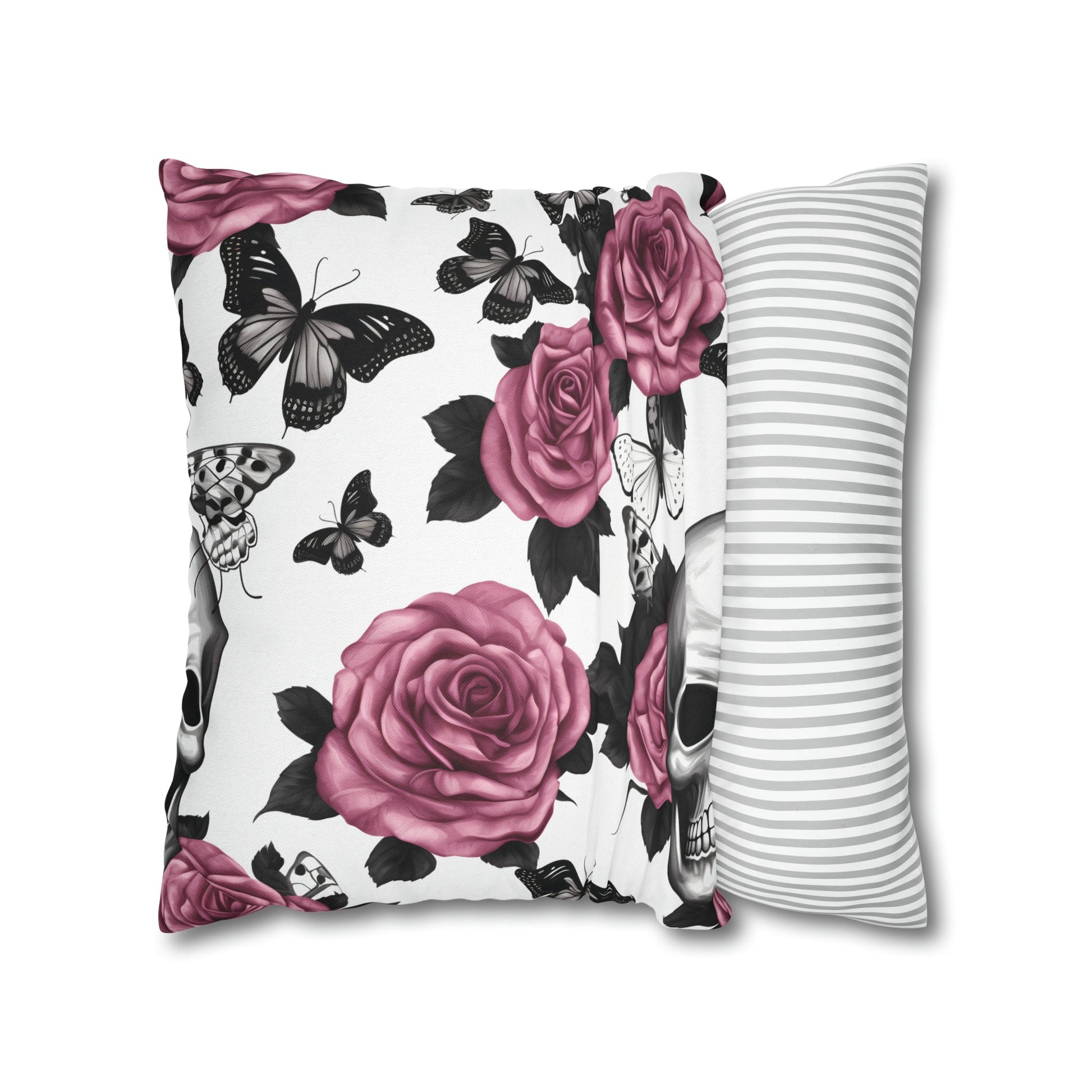 Skulls Pink Roses and Black Butterflies Square Pillow CaseHome DecorVTZdesigns18" × 18"All Over PrintAOPBed