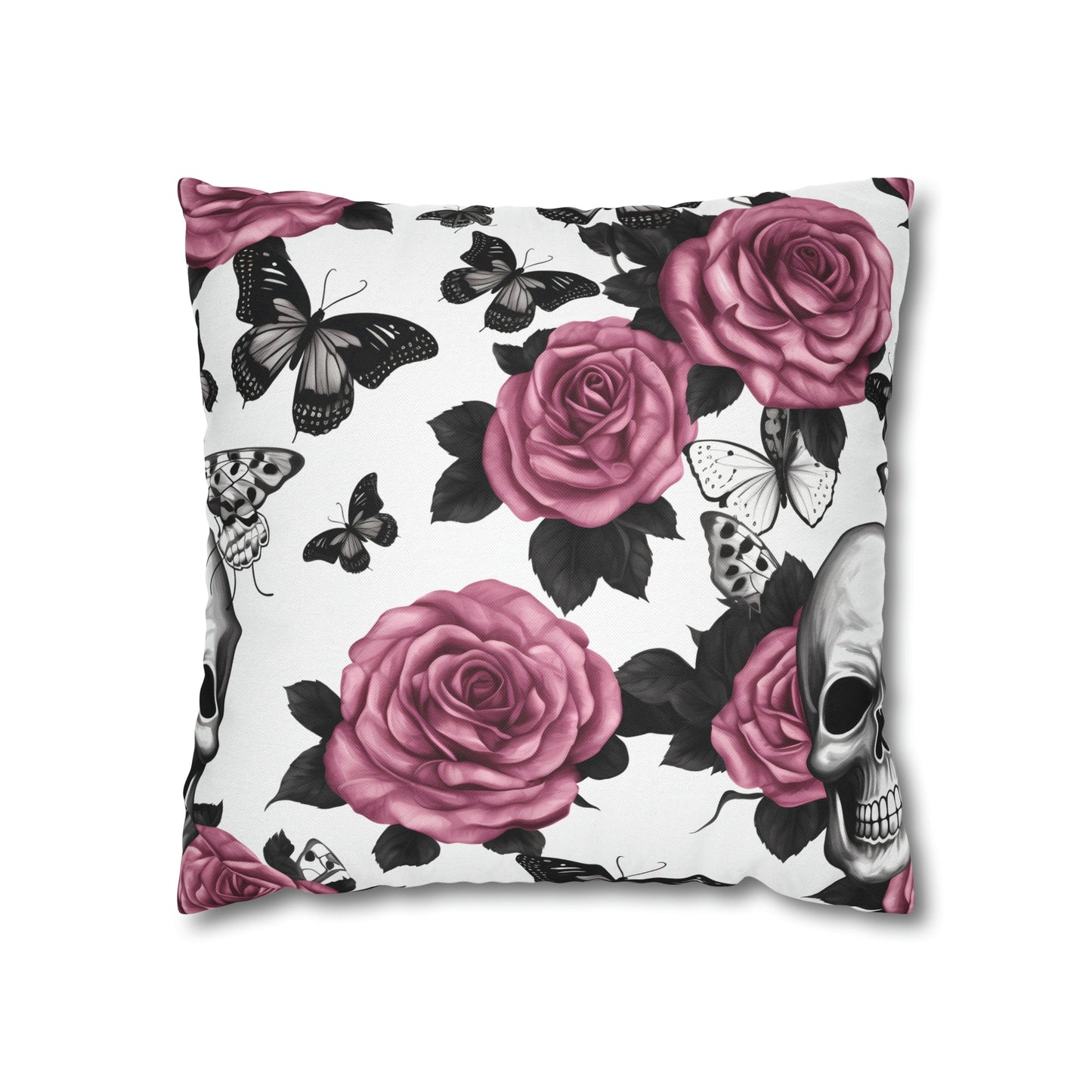 Skulls Pink Roses and Black Butterflies Square Pillow CaseHome DecorVTZdesigns16" × 16"All Over PrintAOPBed