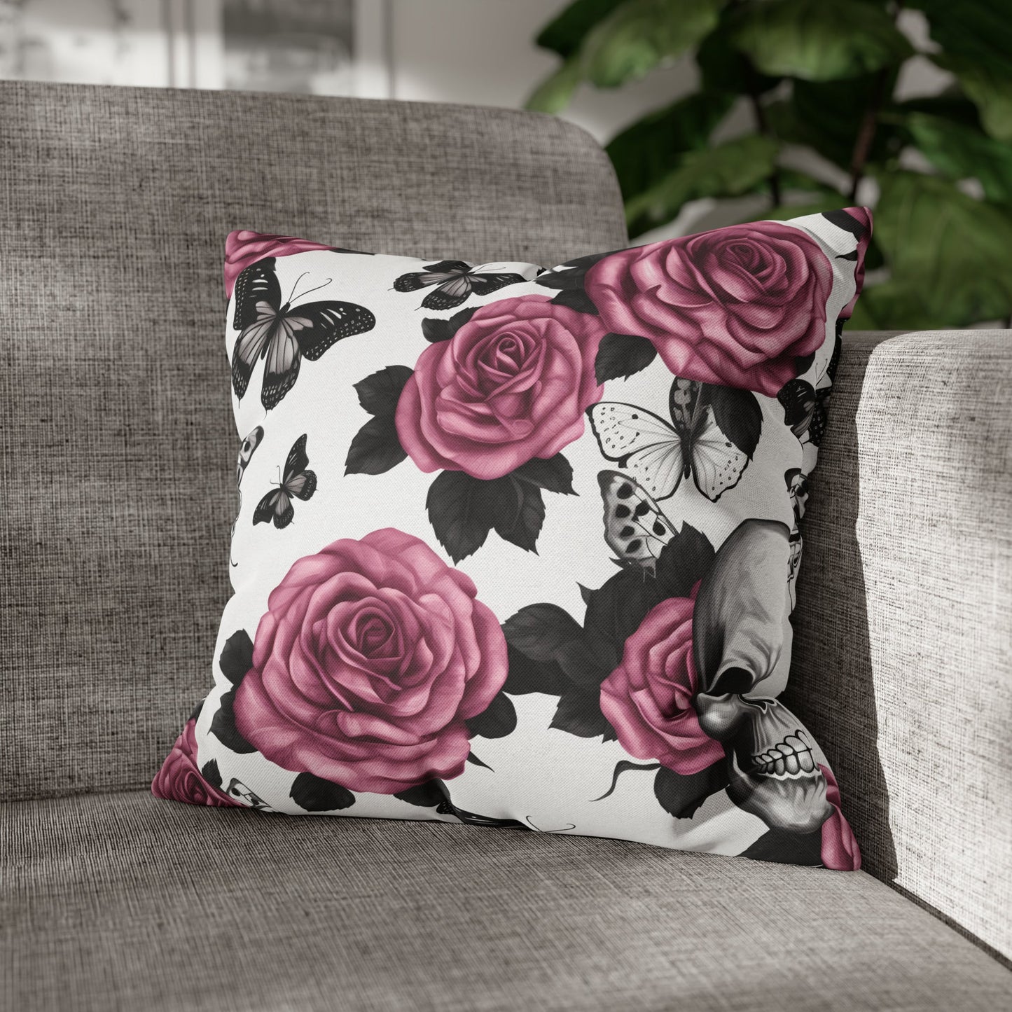 Skulls Pink Roses and Black Butterflies Square Pillow CaseHome DecorVTZdesigns18" × 18"All Over PrintAOPBed