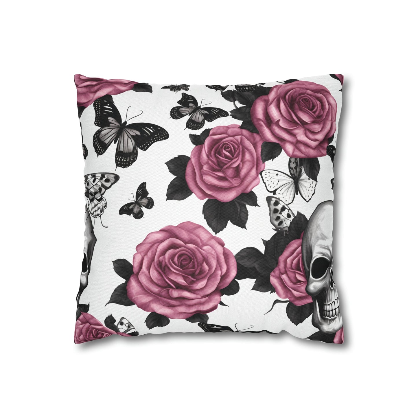Skulls Pink Roses and Black Butterflies Square Pillow CaseHome DecorVTZdesigns14" × 14"All Over PrintAOPBed