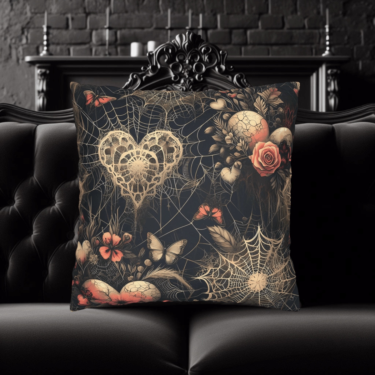 Spiderwebs Hearts and Roses Throw Pillow Case Set of TwopillowcaseVTZdesignsWhite16x16InchBeddingdark floralsfloral