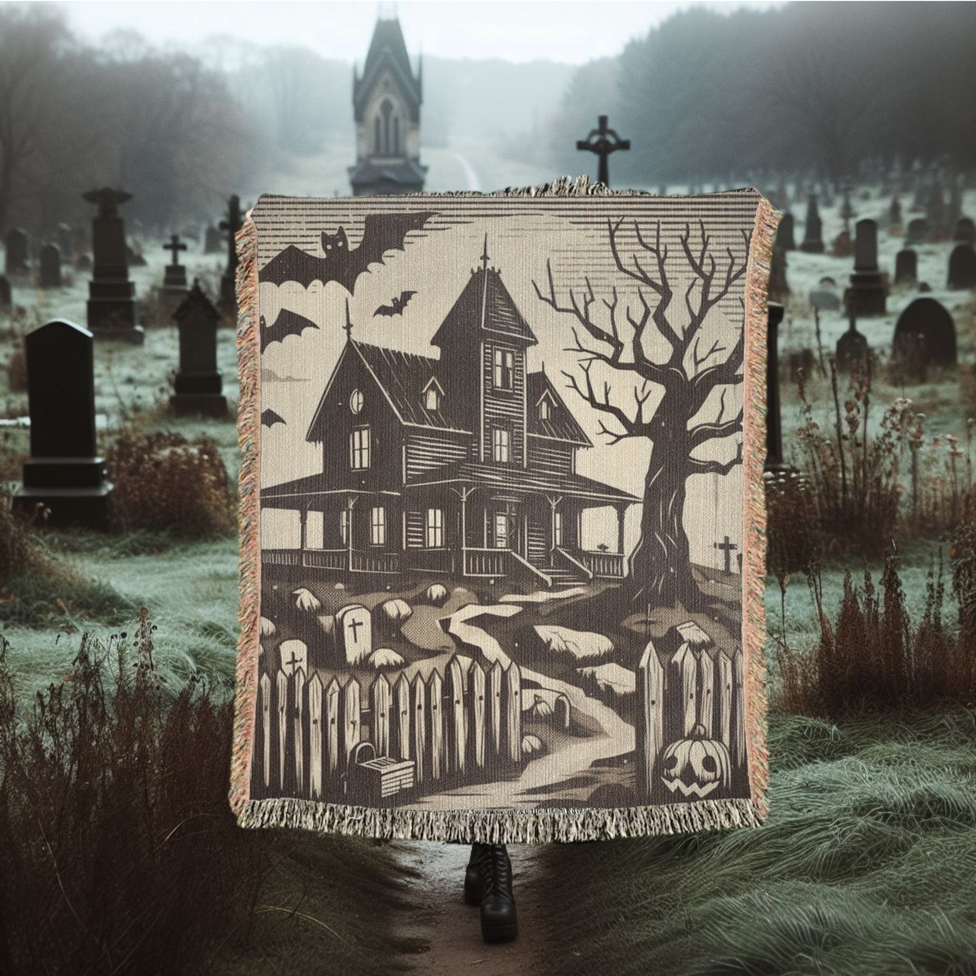 Spooky House Woven Blanket Tapestry ThrowblanketsVTZdesigns52x37 inchPhotoblanketBlanketscemetery