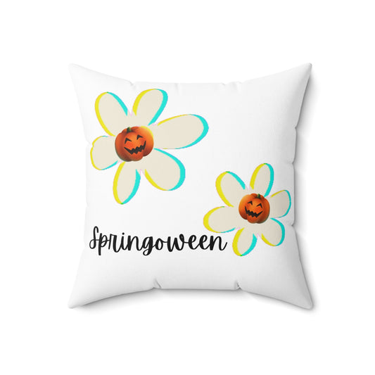 Springoween Pumpkin Daisies Spun Polyester Square Throw PillowHome DecorVTZdesigns18" × 18"All Over PrintAOPBed
