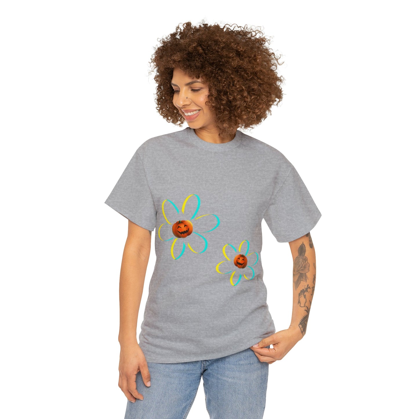 Springoween Pumpkin Daisies Tee ShirtT - ShirtVTZdesignsSport GreySCrew neckdaisyDTG