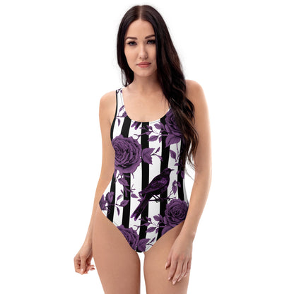 Striped Roses and Crows One Piece SwimsuitVTZdesignsXScrowcrowsgothic