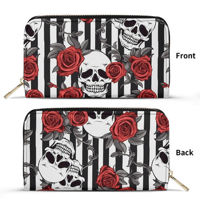 Striped Skulls and Roses Leather WalletVTZdesignsWhiteblacgothgothic