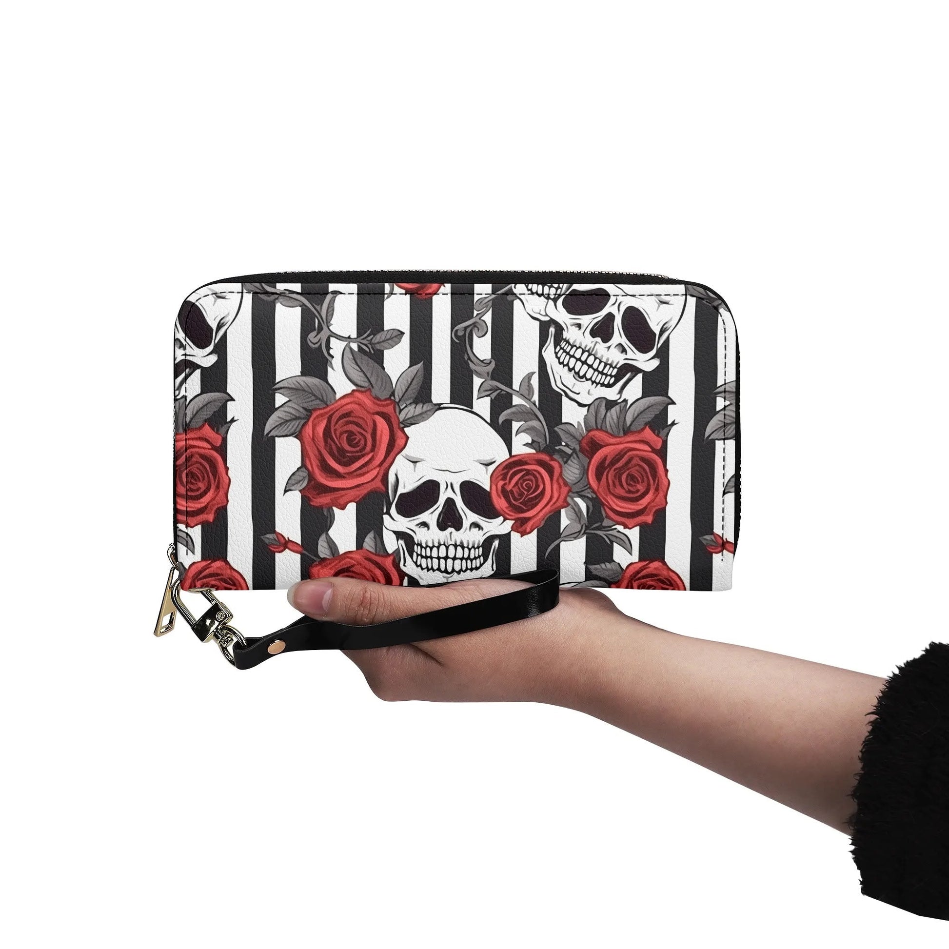 Striped Skulls and Roses Leather WalletVTZdesignsWhiteblacgothgothic