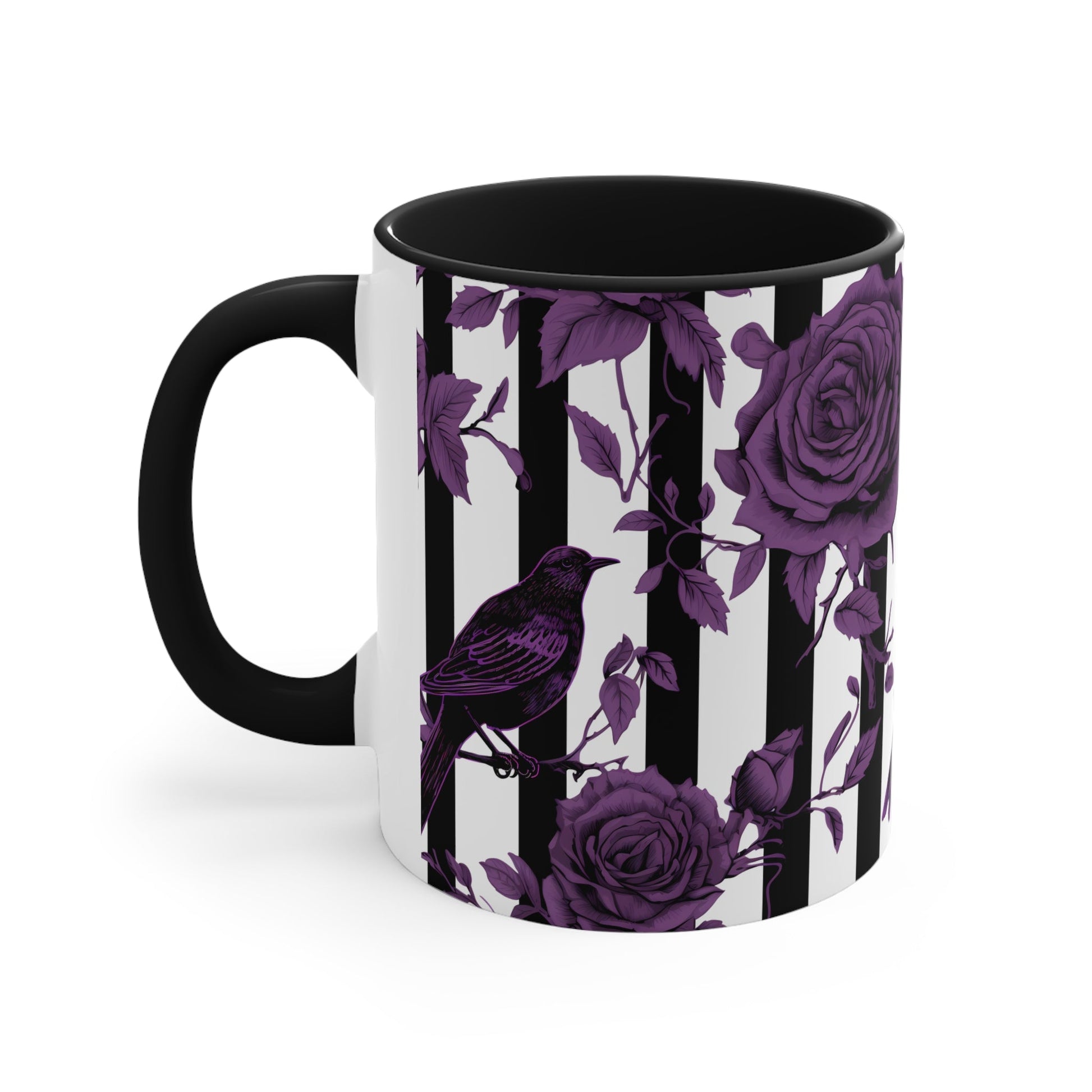 Stripes With Crows and Purple Roses Accent Coffee Mug, 11ozMugVTZdesignsBlack11oz11 oz11ozaccent mug