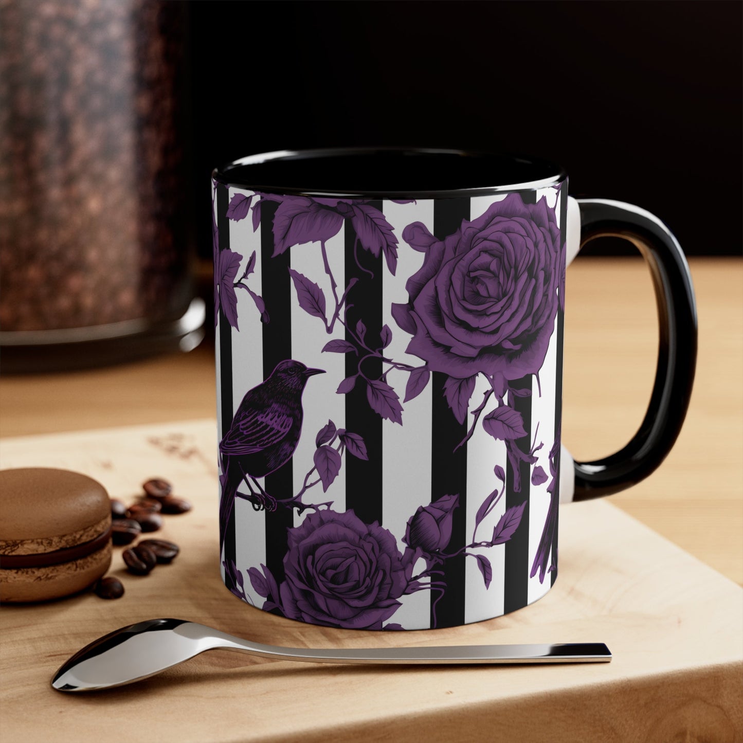 Stripes With Crows and Purple Roses Accent Coffee Mug, 11ozMugVTZdesignsBlack11oz11 oz11ozaccent mug