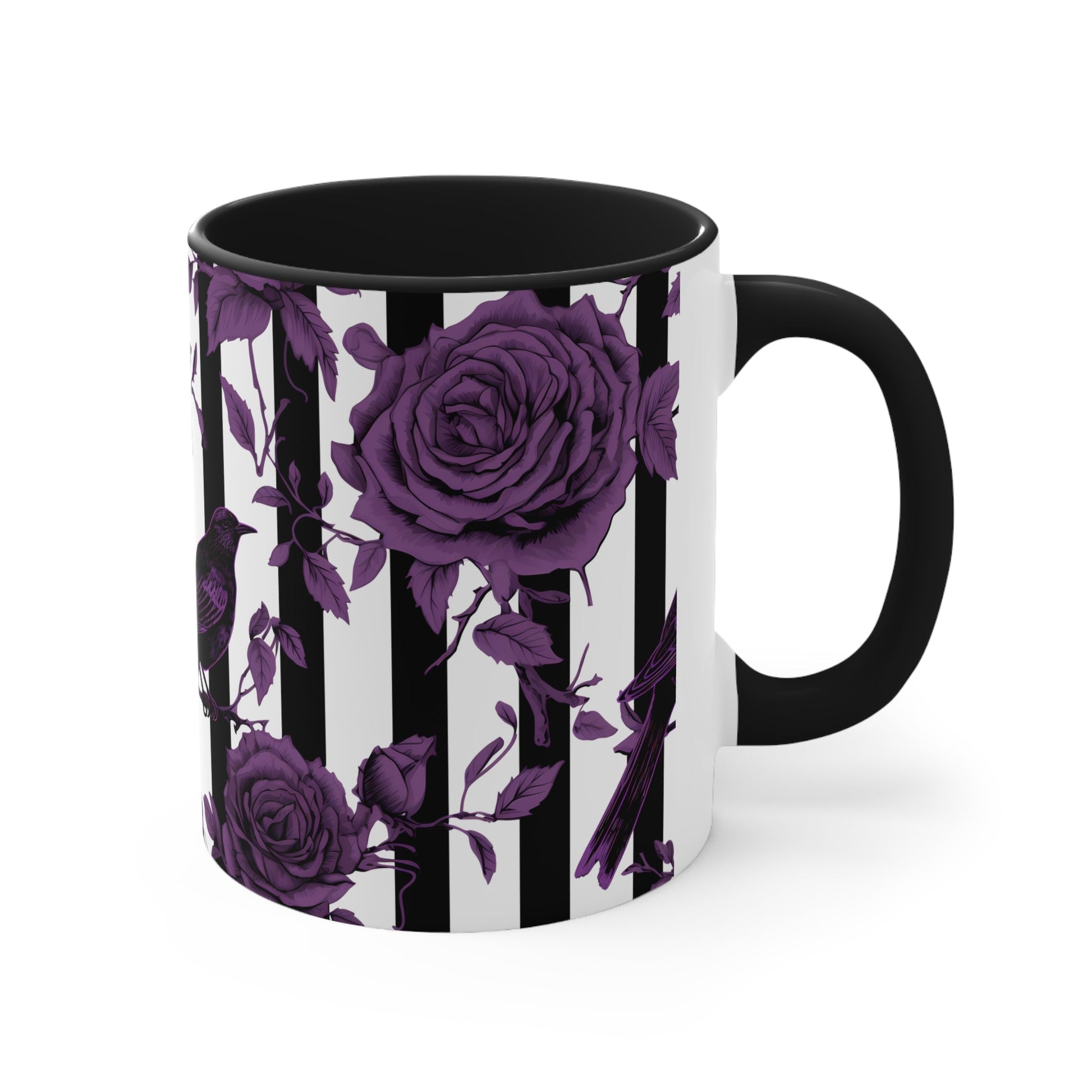 Stripes With Crows and Purple Roses Accent Coffee Mug, 11ozMugVTZdesignsBlack11oz11 oz11ozaccent mug