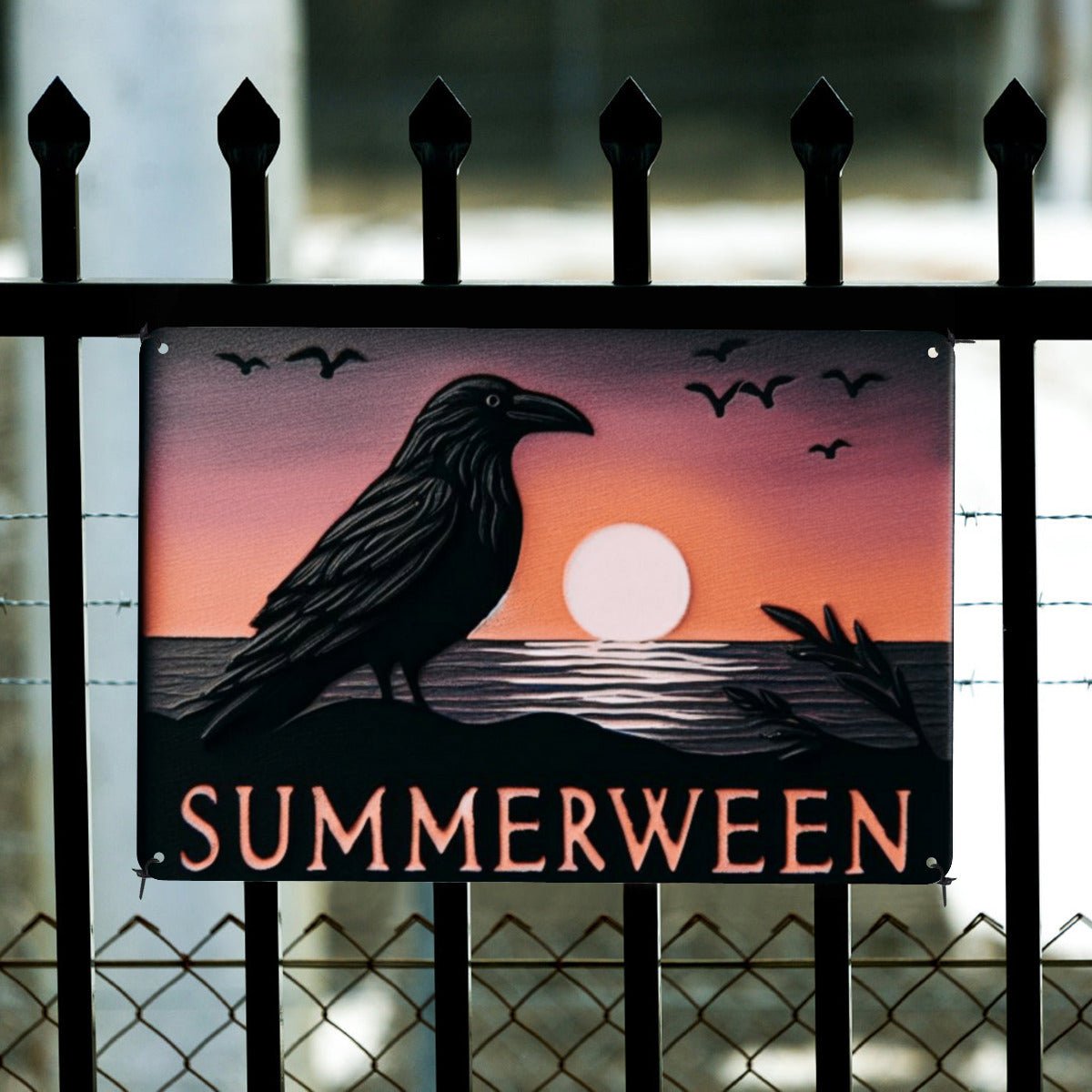 Summerween Raven Metal SignWall ArtVTZdesignsWhite12 × 16 InchArt & Wall Decorcrowgothic