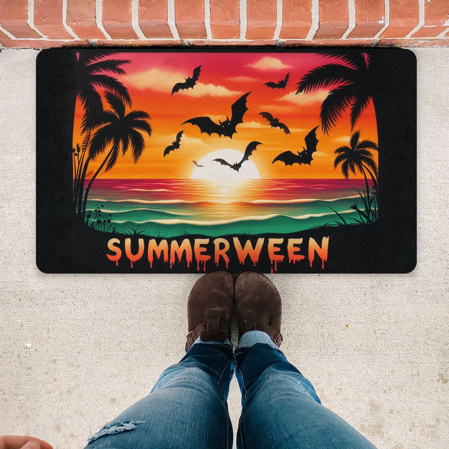 Summerween Sunset Bats Rubber DoormatVTZdesigns30x18Whitebatsbeachdoor mat