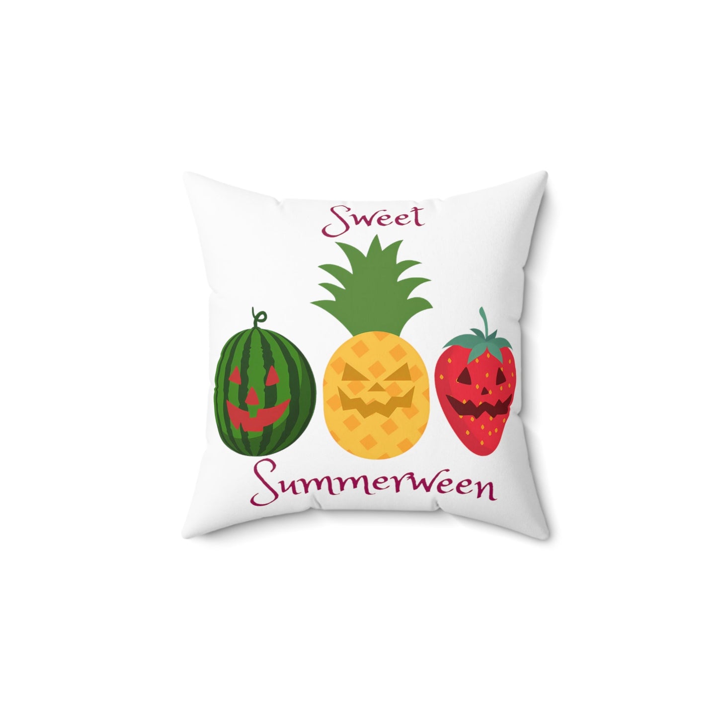 Sweet Summerween Spun Polyester Square Throw Pillow Watermelon Pineapple Strawberry Jack o lantern FaceHome DecorVTZdesigns14" × 14"All Over PrintAOPBed