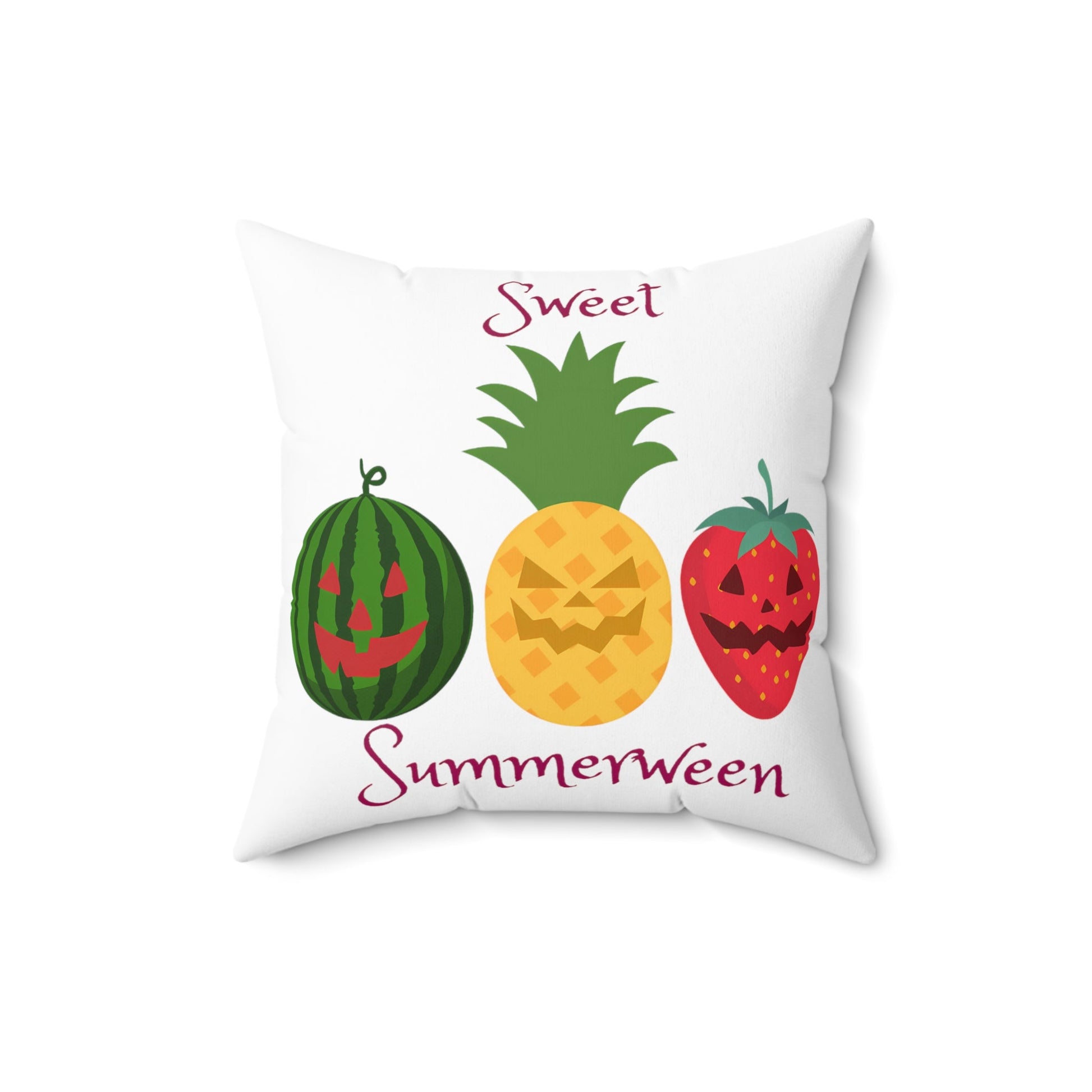 Sweet Summerween Spun Polyester Square Throw Pillow Watermelon Pineapple Strawberry Jack o lantern FaceHome DecorVTZdesigns18" × 18"All Over PrintAOPBed