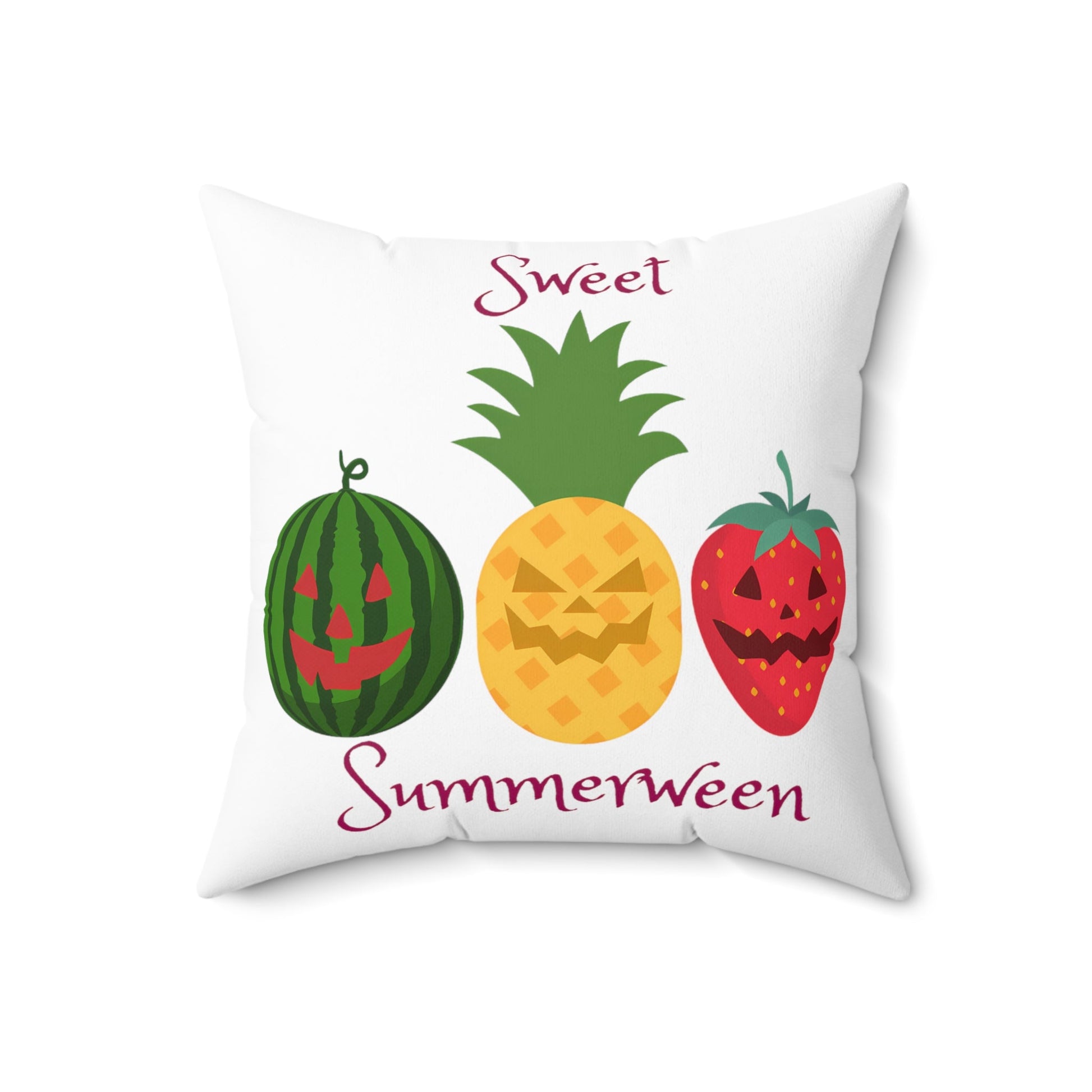 Sweet Summerween Spun Polyester Square Throw Pillow Watermelon Pineapple Strawberry Jack o lantern FaceHome DecorVTZdesigns18" × 18"All Over PrintAOPBed