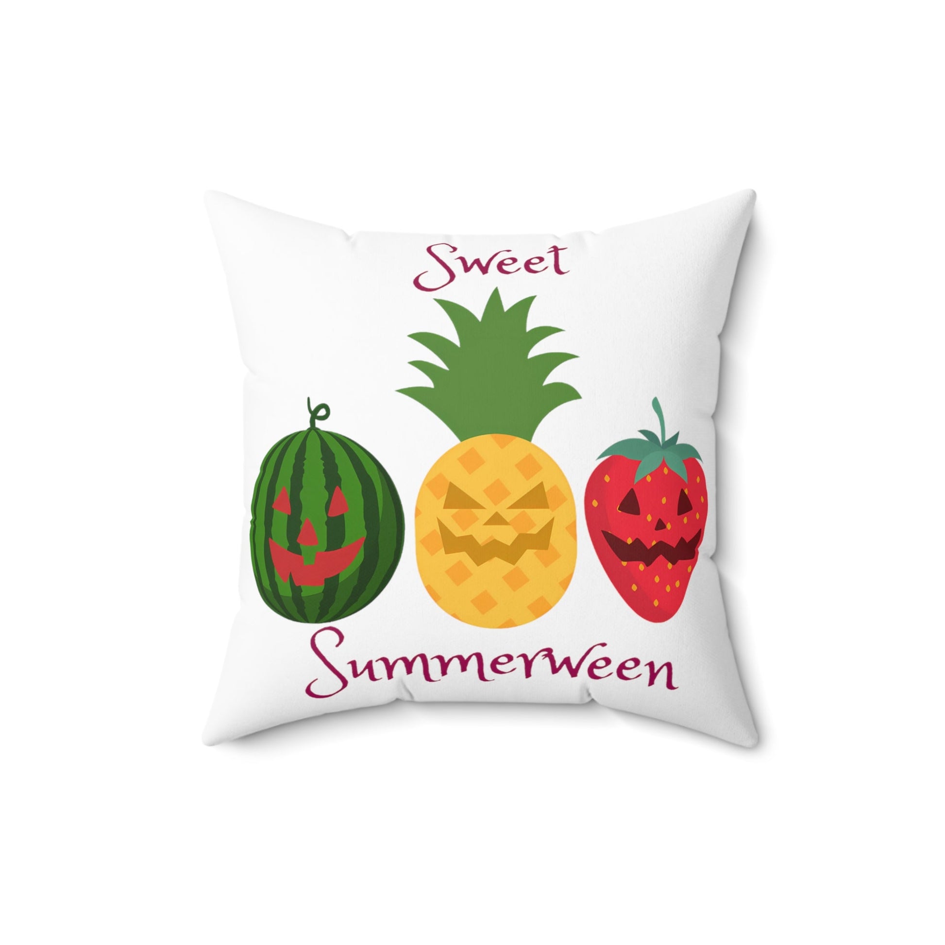 Sweet Summerween Spun Polyester Square Throw Pillow Watermelon Pineapple Strawberry Jack o lantern FaceHome DecorVTZdesigns16" × 16"All Over PrintAOPBed