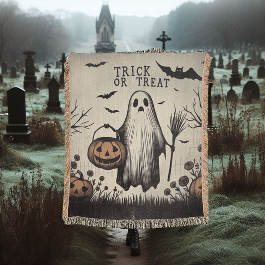 Trick Or Treat Ghost Woven Blanket Tapestry ThrowVTZdesigns52x37 inchPhotoghostghostlyghosts