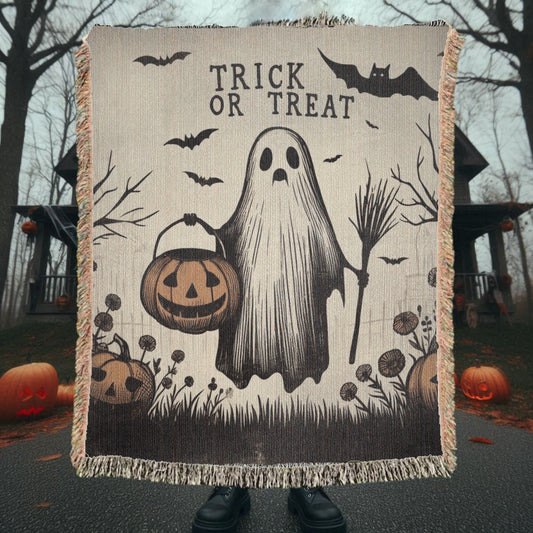 Trick Or Treat Ghost Woven Blanket Tapestry ThrowBlanketsVTZdesigns52x37 inchPhotoblanketBlanketsghost