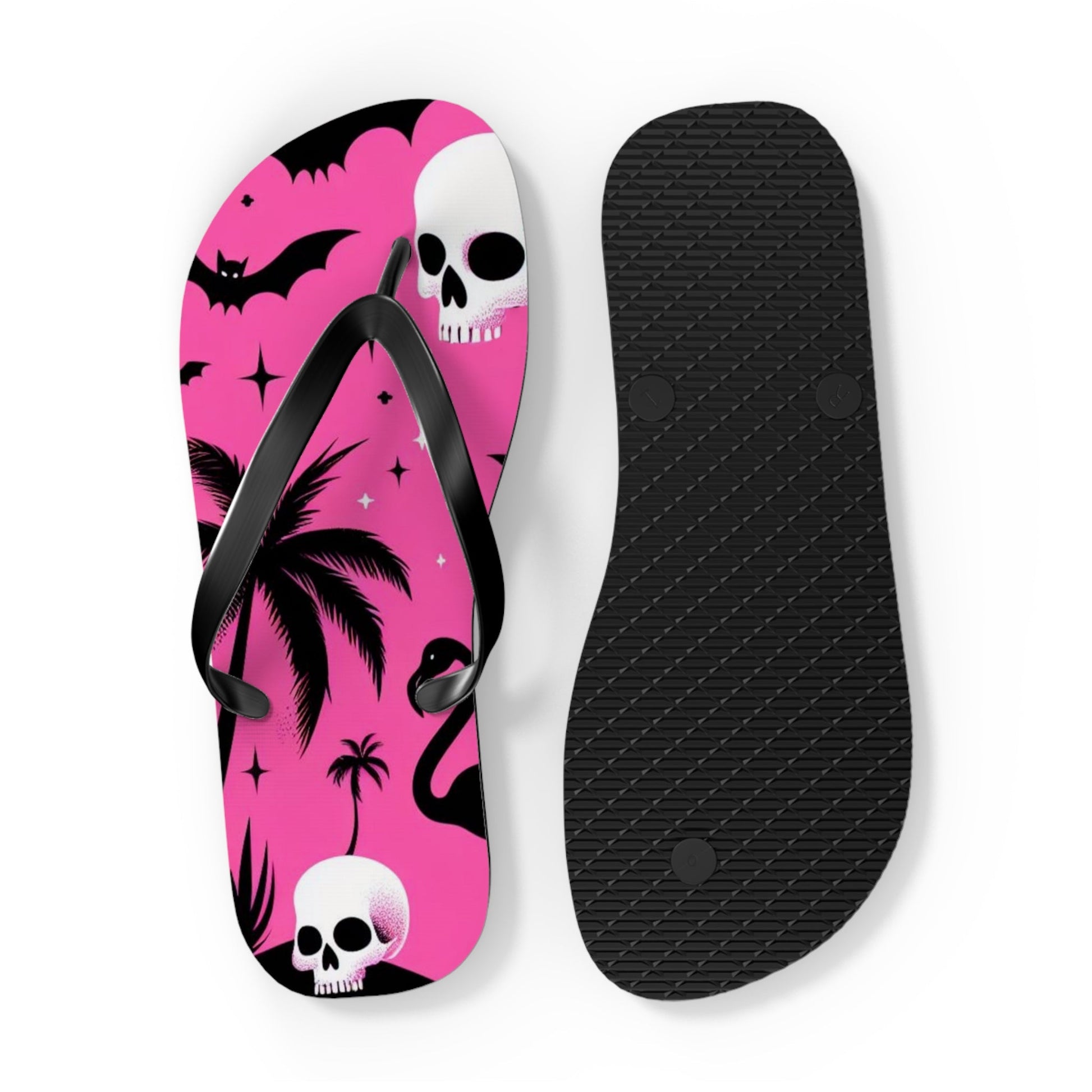 Tropical Bats and Skulls Flip FlopsShoesVTZdesignsXLBlack solebatsblackflamingo