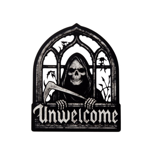 Unwelcome Reaper In Gothic Window Metal SignVTZdesignsBlack16x16InchArt & Wall Decordie cutgothic wall art