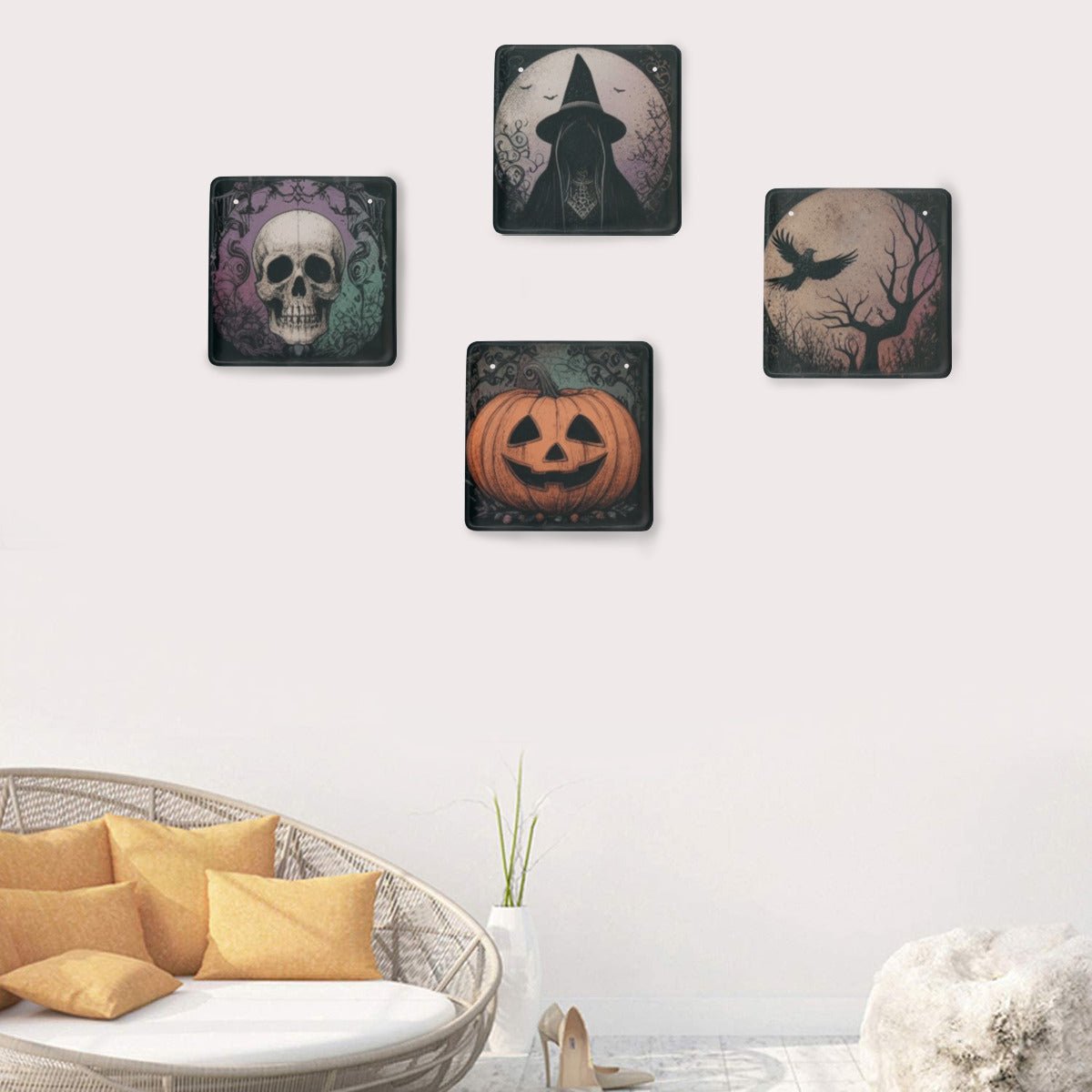 Vintage Inspired Halloween Tinplate Signs Set of 4VTZdesignsWhite8x8 Inch