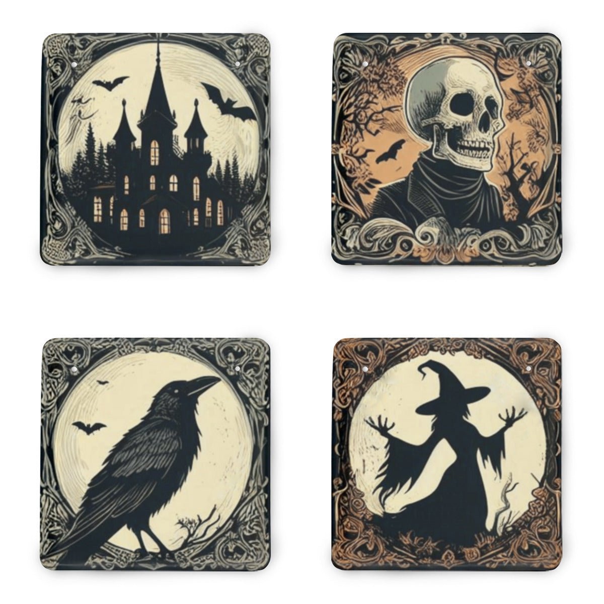 Vintage Inspired Halloween Tinplate Signs Set of 4VTZdesignsWhite8x8 Inch