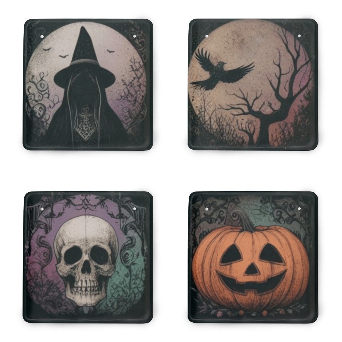 Vintage Inspired Halloween Tinplate Signs Set of 4VTZdesignsWhite8x8 Inch