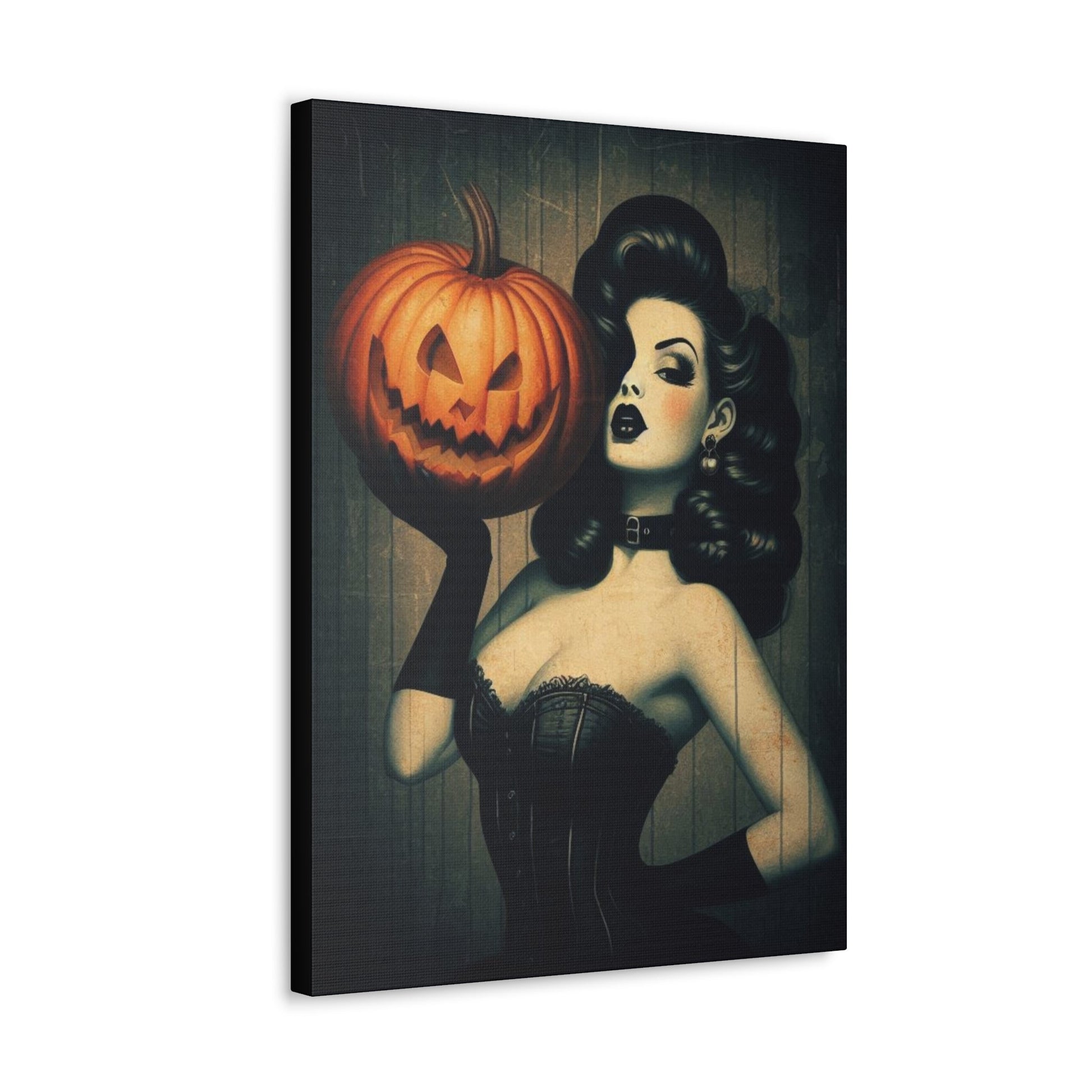 Vintage Pinup Girl Holding Pumpkin Canvas Gallery WrapCanvasVTZdesigns18″ x 24″1.25"Art & Wall DecorCanvascanvas art