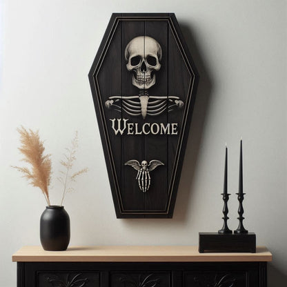 Welcome Coffin Wood Sign With SkeletonWall DecorVTZdesignsWhite16x16InchArt & Wall Decorcoffin shapeddie cut