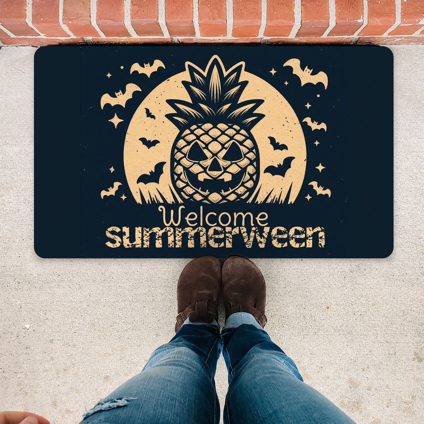 Welcome Summerween Pineapple Rubber DoormatVTZdesigns30x18Whitebatsdoor matdoormats