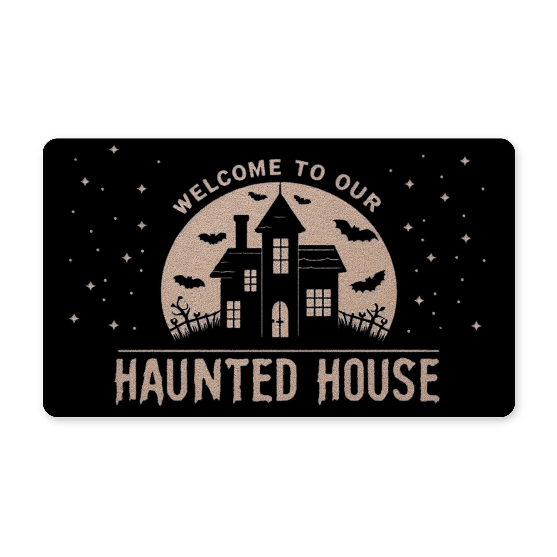 Welcome to Our Haunted House Rubber DoormatVTZdesigns30x18Whitebatscreepydoor mat