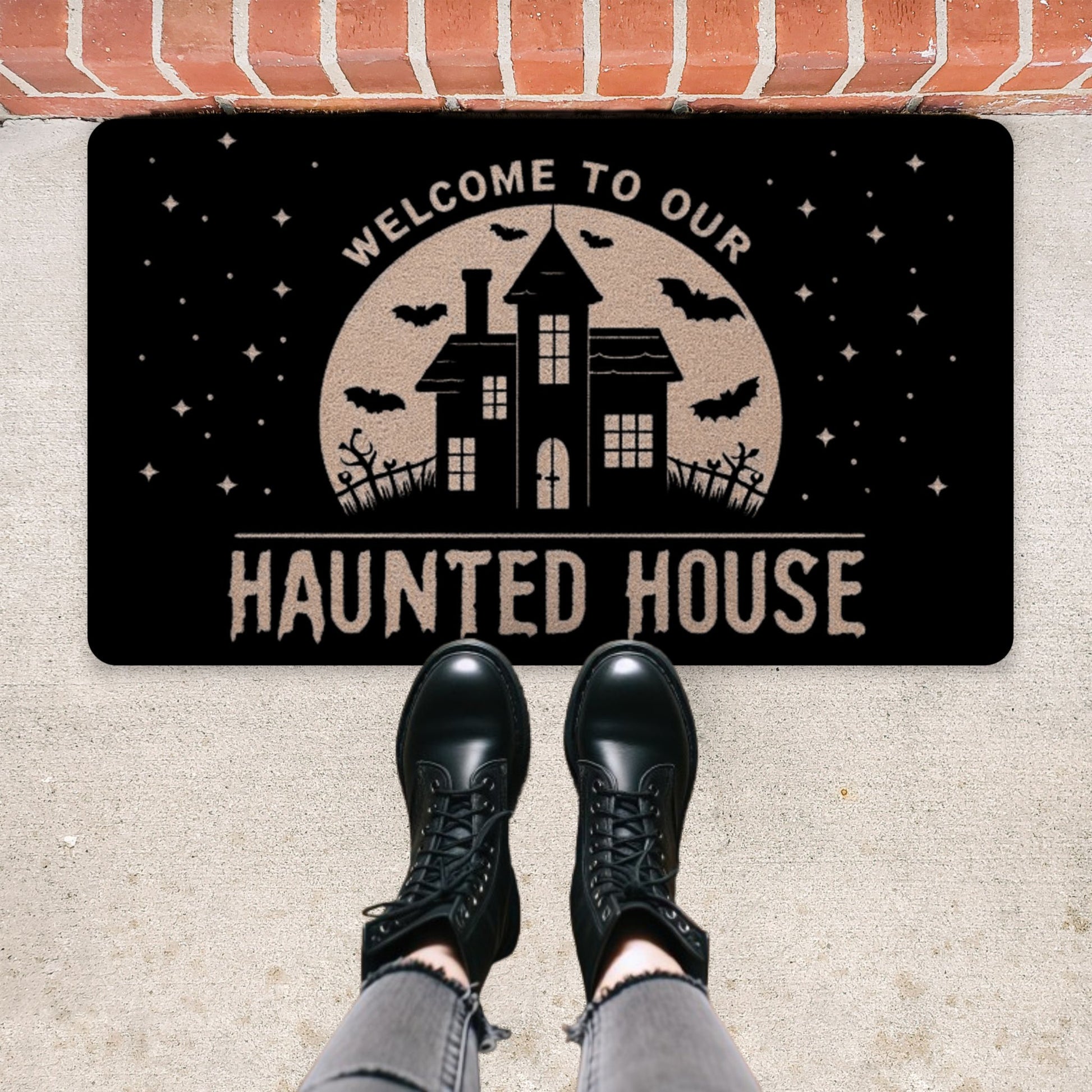Welcome to Our Haunted House Rubber DoormatVTZdesigns30x18Whitebatscreepydoor mat