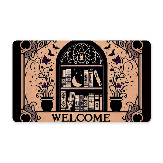 Welcome Witchy Bookshelf Rubber DoormatVTZdesigns30x18Whitebookdoor matgothic