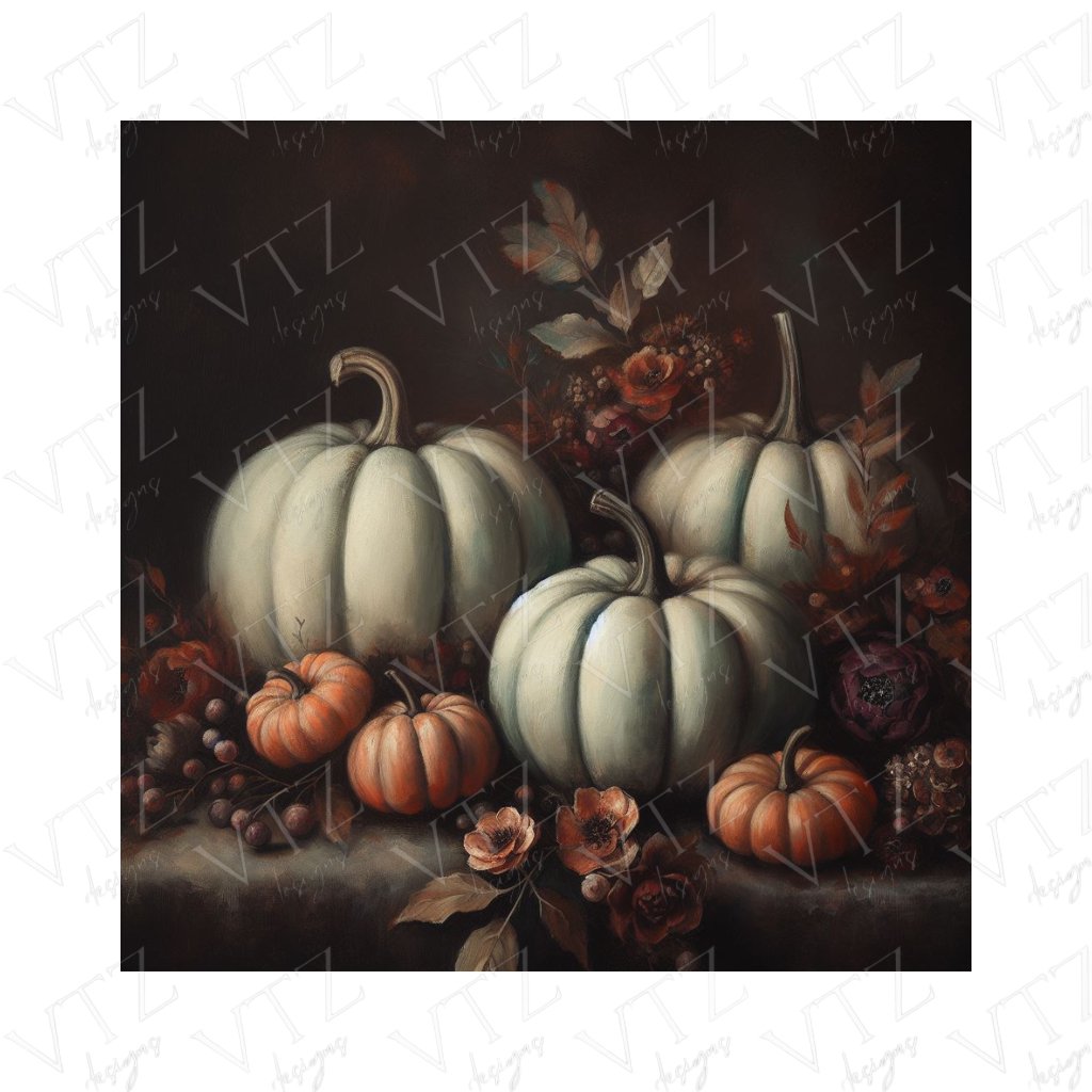 White Pumpkins and Dark Autumn Florals PosterVTZdesigns5″×7″Art & Wall Decorautumnboho