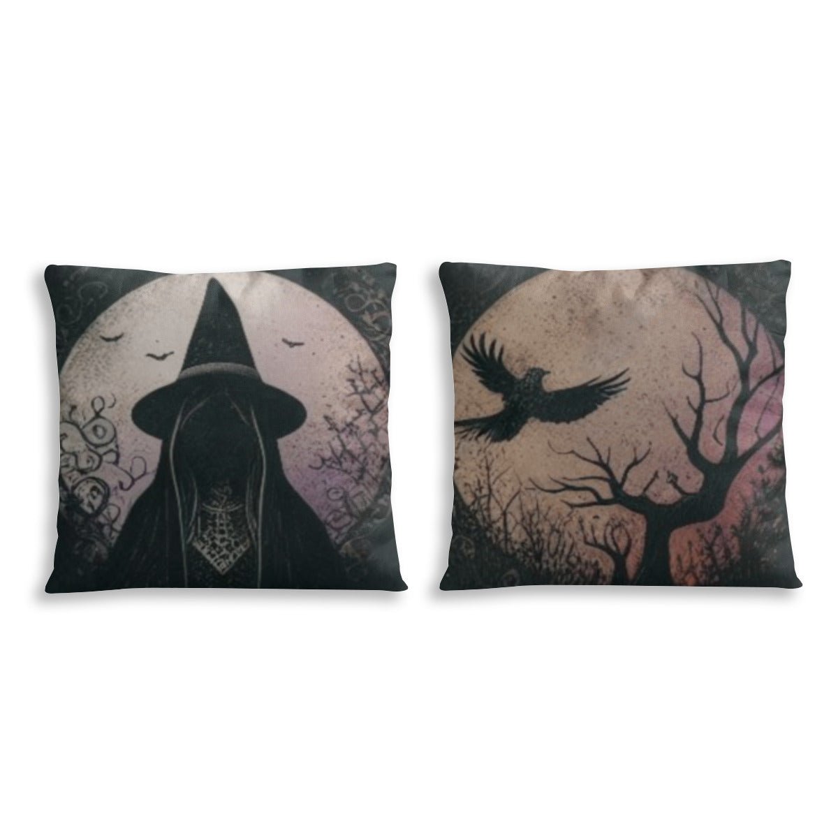 Witch and Flying Raven Throw Pillowcase Set of 2pillowcaseVTZdesignsWhite16x16Inchdouble sidedgothichalloween