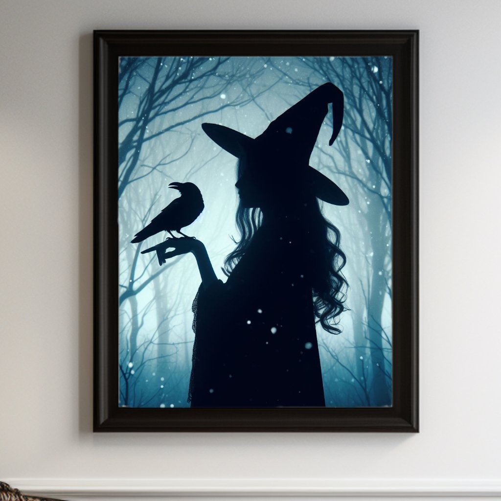 Witch And Raven In Snowy Forest PosterVTZdesigns5″×7″art printchristmascrow