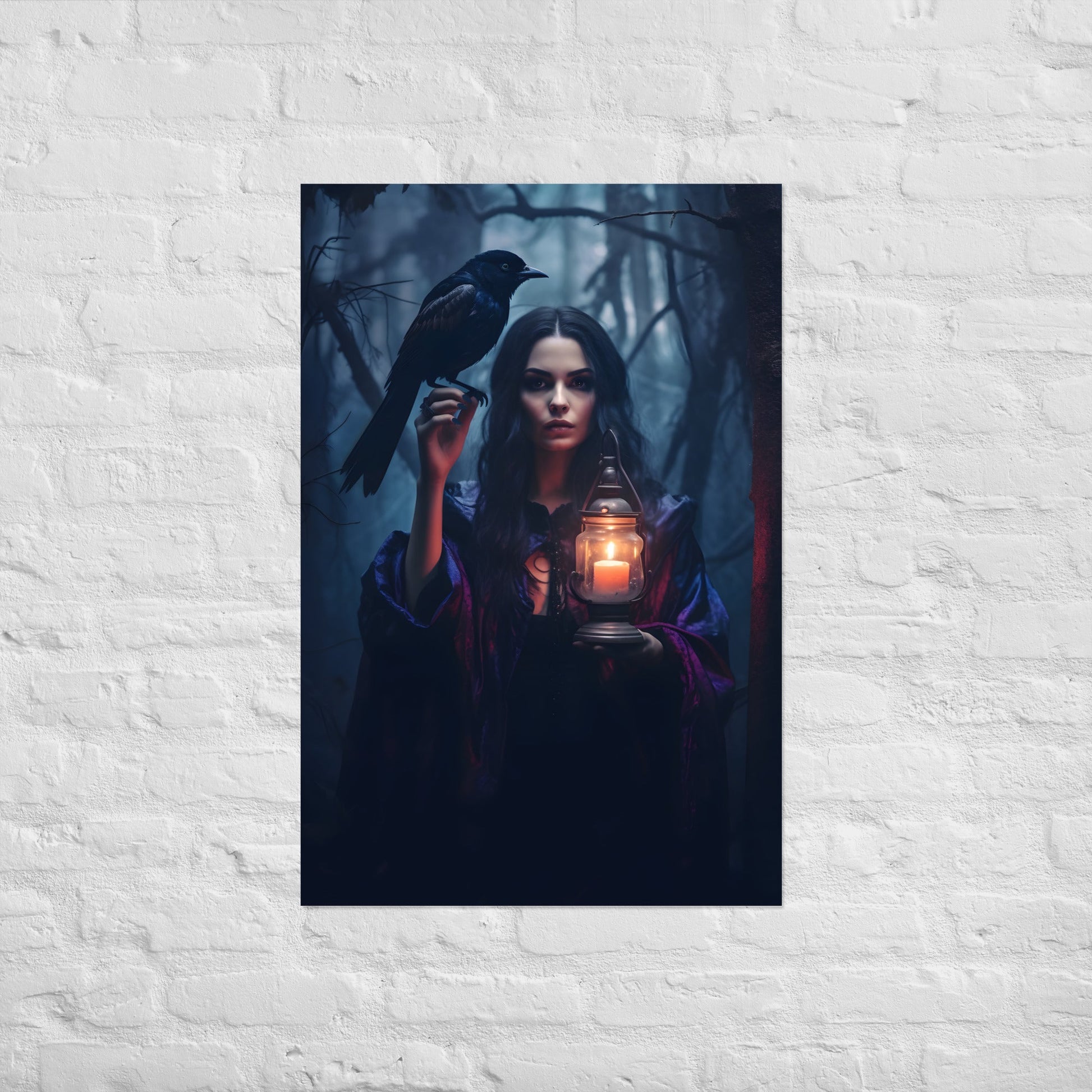 Witch Holding a Crow and a Lantern in Forest PosterHome DecorVTZdesigns24″×36″academiaArt & Wall Decorcrow