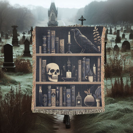 Witchy Bookshelf With Raven Woven Blanket Tapestry ThrowVTZdesigns52x37 inchPhotodarkdark academiagothic witch