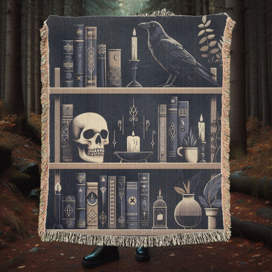 Witchy Bookshelf With Raven Woven Blanket Tapestry ThrowBlanketsVTZdesigns52x37 inchPhotoblanketBlanketsdark