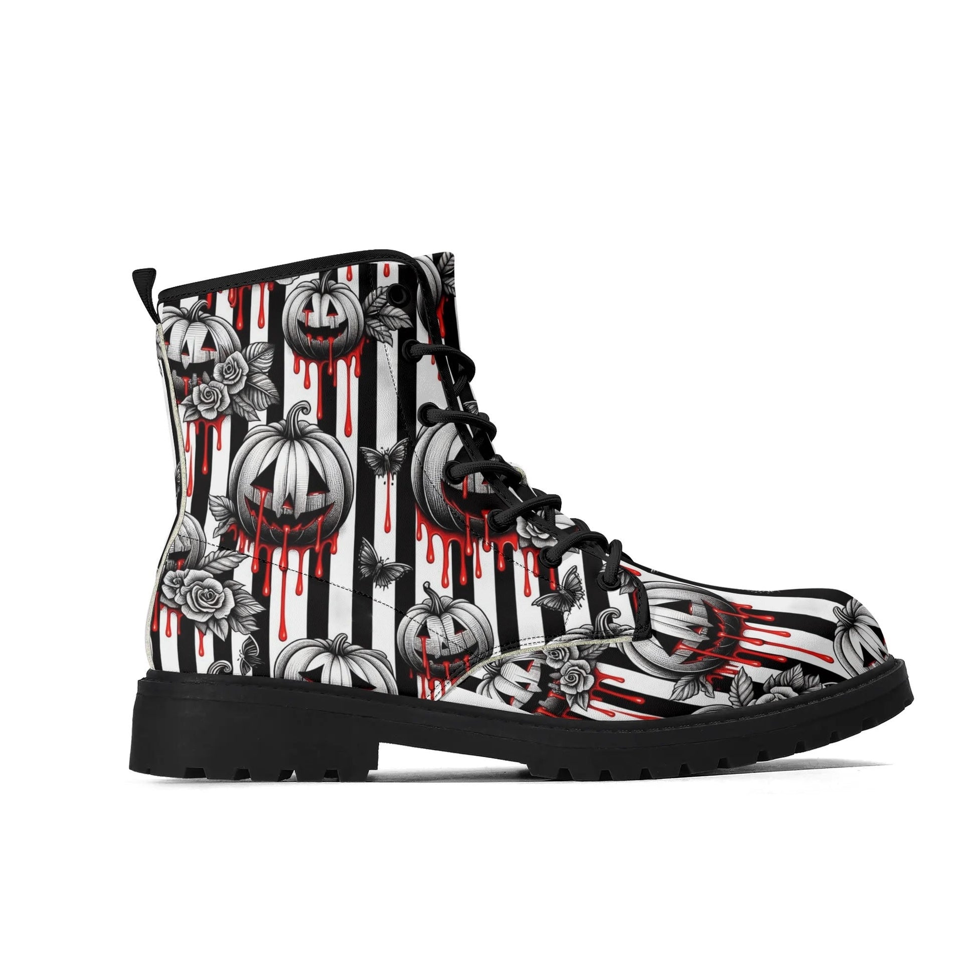 Womens Bloody Stripes and Pumpkins Leather BootsShoesVTZdesignsUS5 (EU35)bootsbutterfliescombat